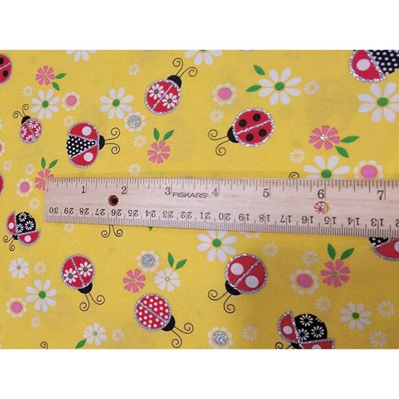 Cotton Ladybugs Beetles Flowers Silver Glitter Yellow Fabric Print 1yd 15in New - Picture 3 of 4